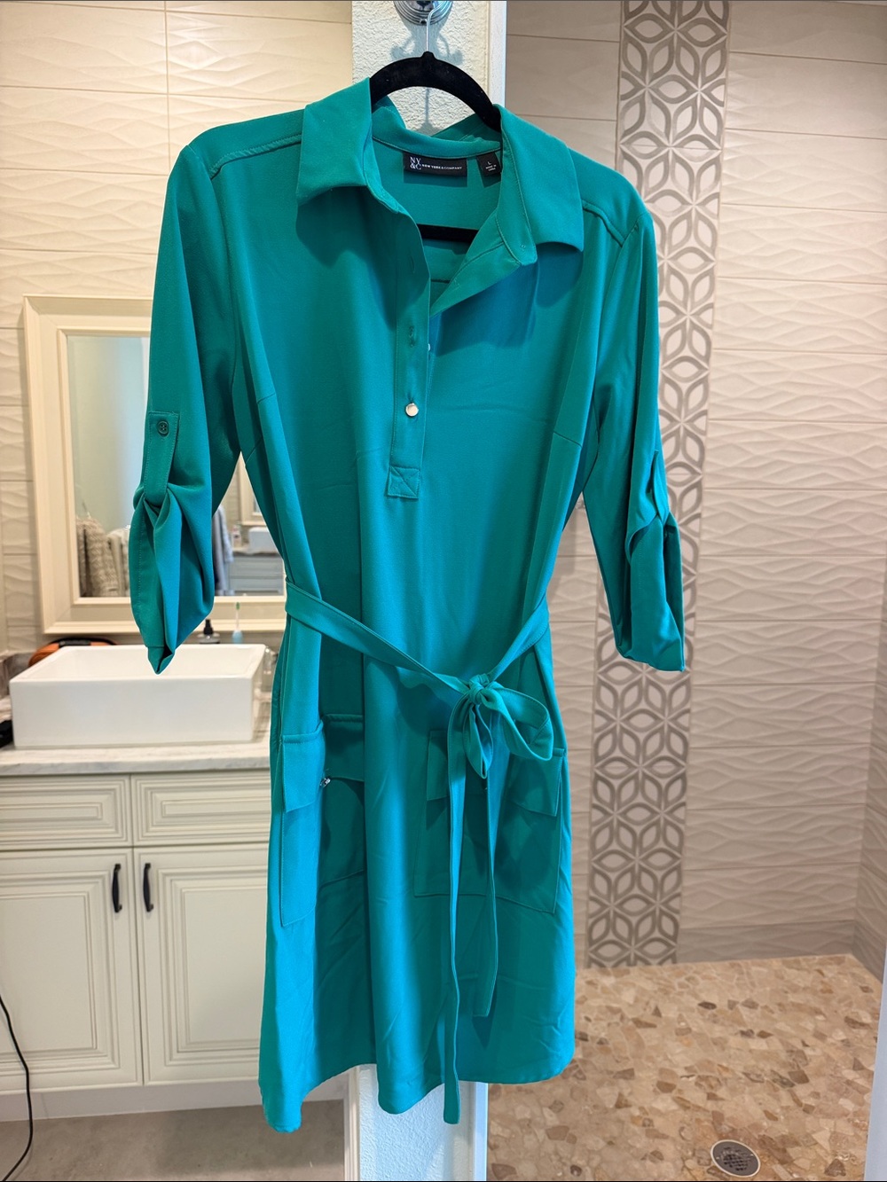 NY&Co Green Shirt Dress with Tie Waist